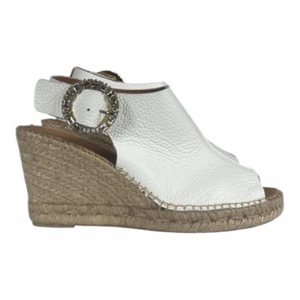 Maypol White Pebbled Leather Peep Toe Espadrille Wedge Rhinestone Buckle SZ 40‎